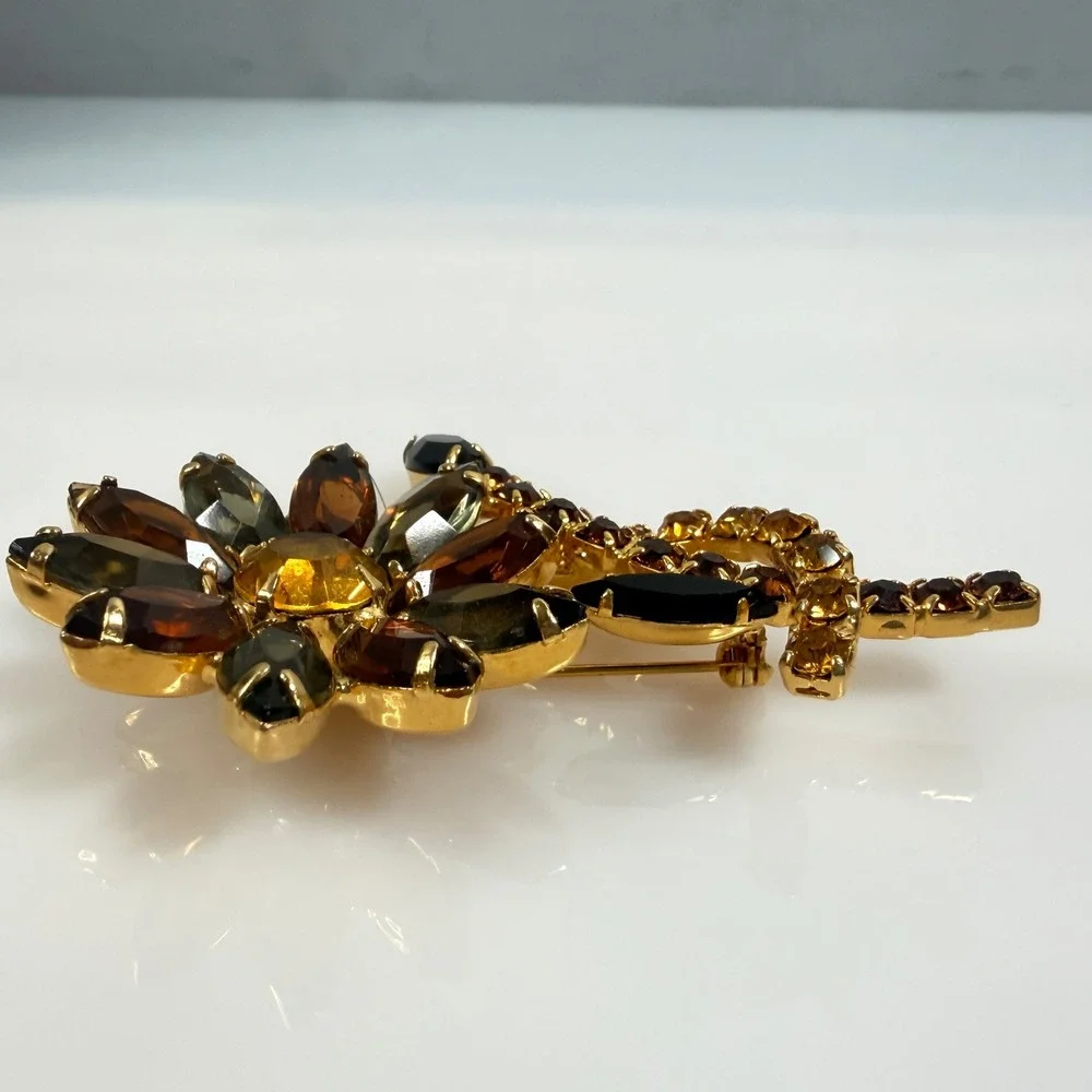 Vintage Flower Brooch Gold Tone Amber Brown Rhinestone Open Back 3 Inch Floral